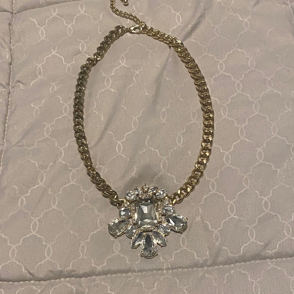 Gold Chain Statement Necklace with Clear Crystal Pendant